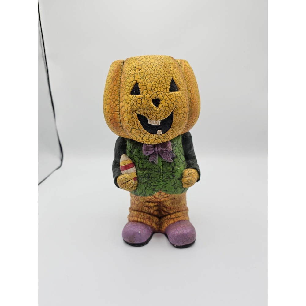 Pumpkin Head Standing Person Candy Bowl Distressed Plaster Halloween 12"
